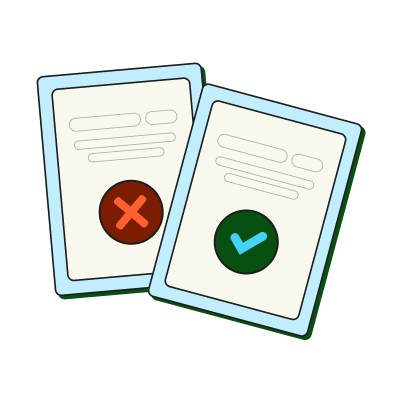 Two document cards side by side, one marked with a red X and the other with a green check mark, representing feedback, evaluation, or identifying correct and incorrect responses.